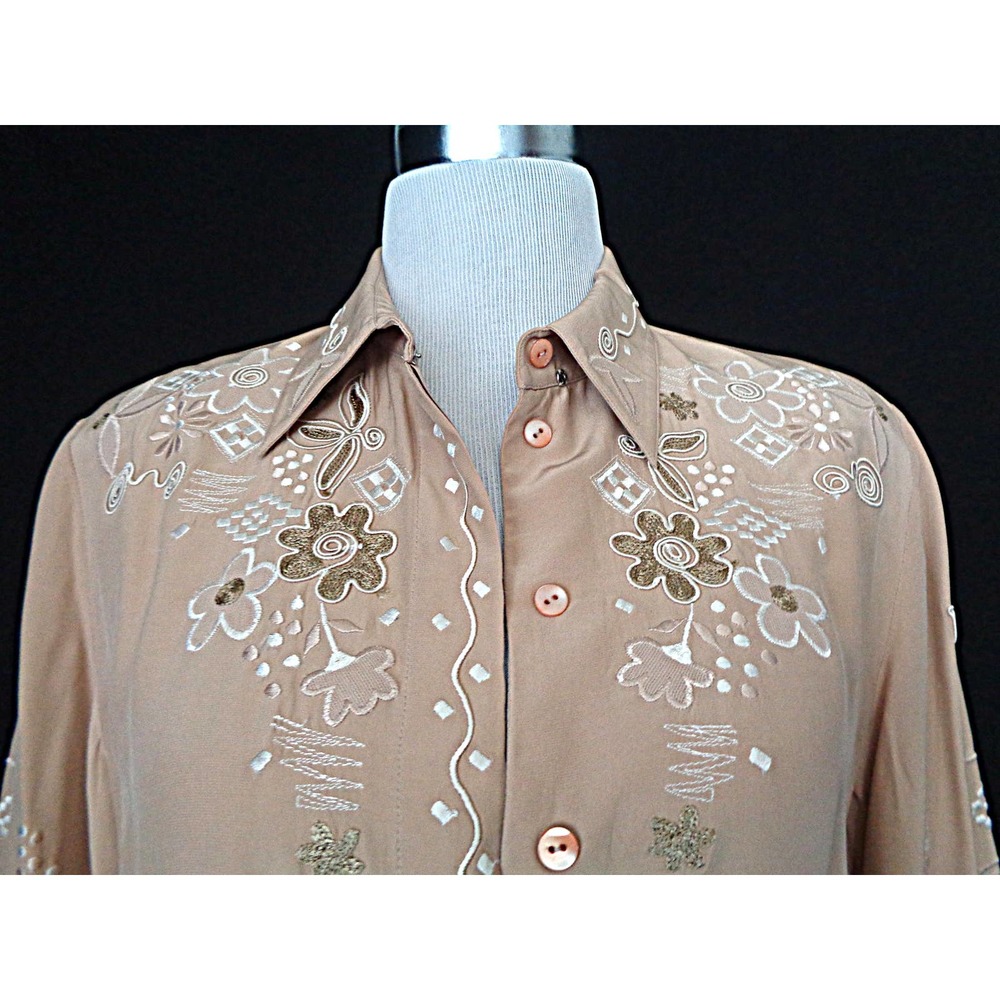 Blue Ice Embroidered Beige Silk Blouse 12